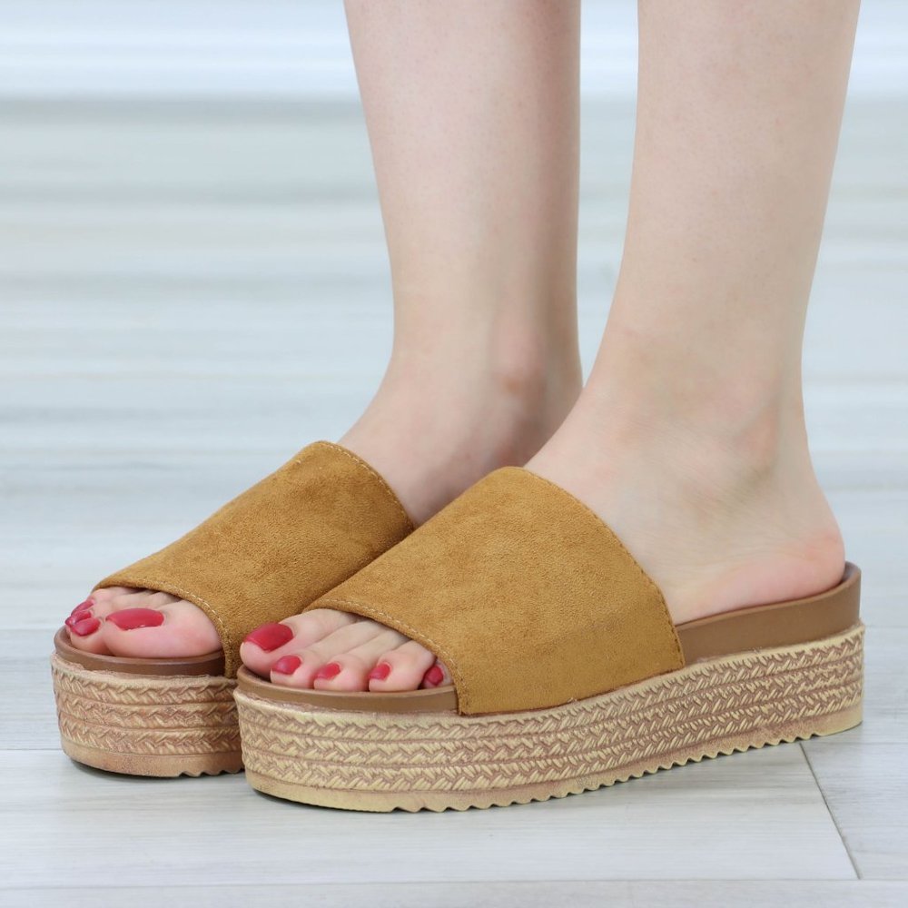Faux Suede Tan Comfort Platform Sandal Slip On Sliders - Picture 7 of 14